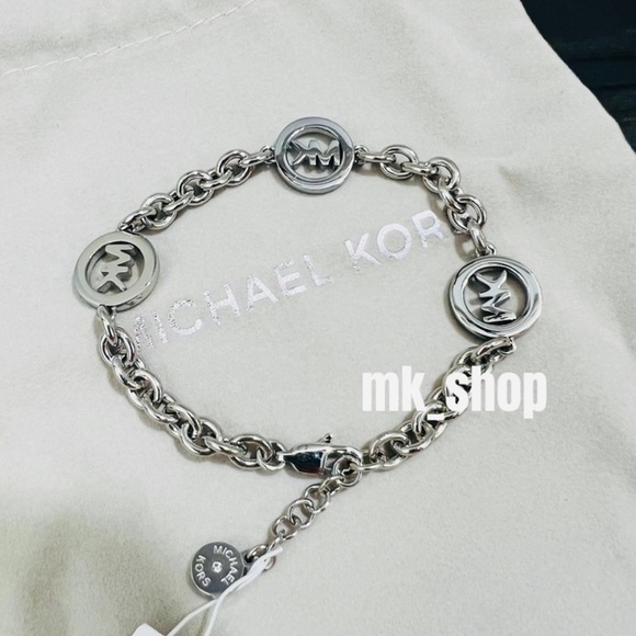 Michael Kors Fulton Logo Bracelet Silver Steel Chain Crystals - Picture 5 of 9